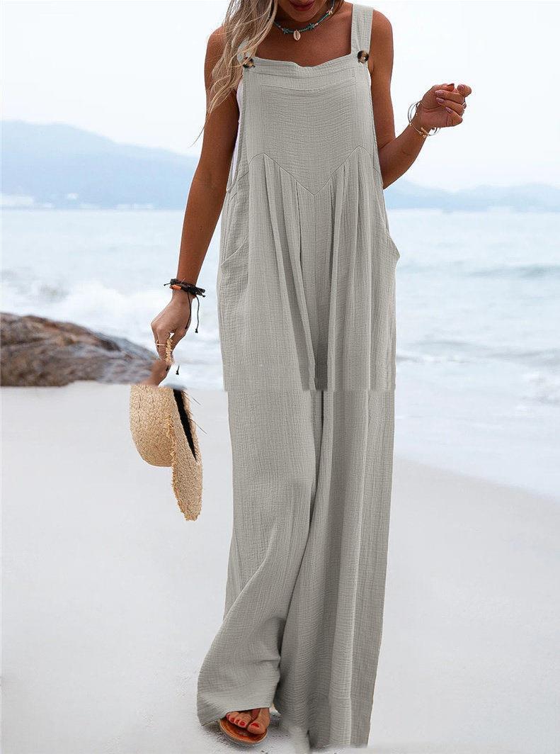 Sleeveless Wide-leg Buttoned Ethnic-style Jumpsuit