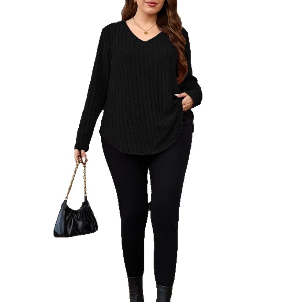 Solid-color Loose-fitting V-neck Long-sleeve Ribbed Top