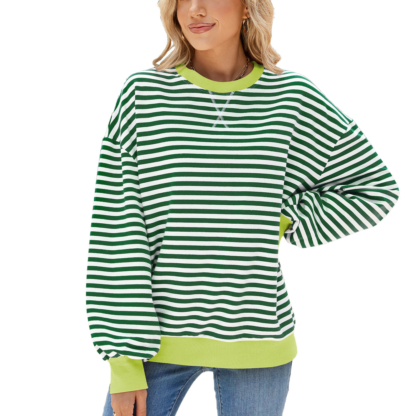 Women's Striped Round Neck Loose Long Sleeve Sweatshirt