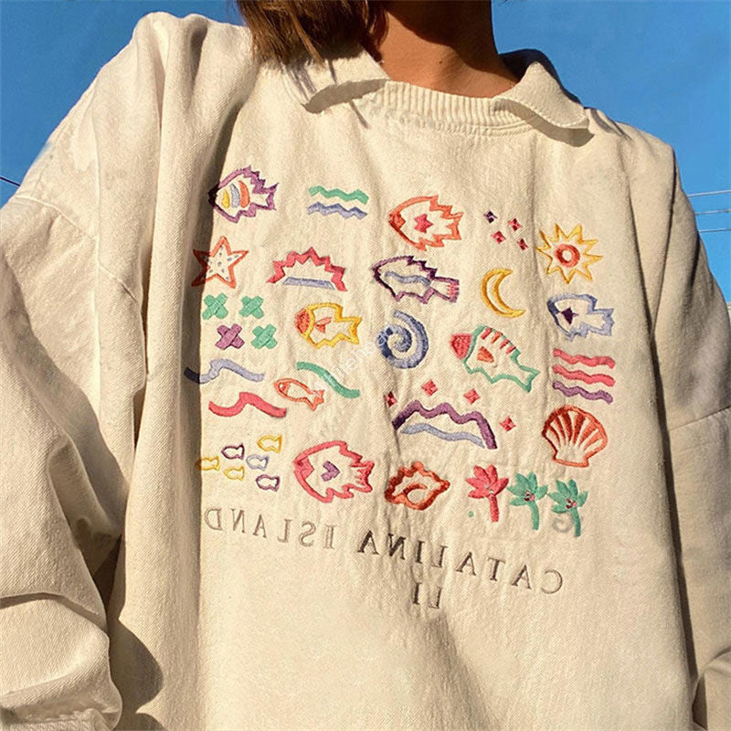 Cozy Fish Embroidered Loose Long Sleeve Sweater