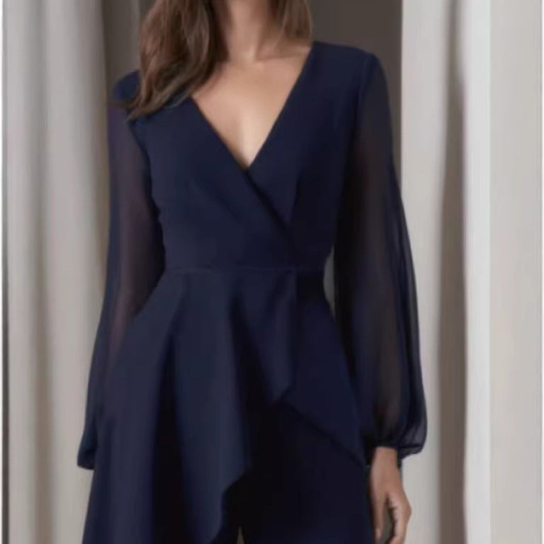 Elegant Navy Blue Long Sleeve Casual Jumpsuit
