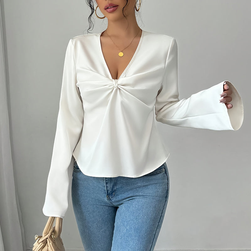 Elegant V-Neck Ruffled Flared Sleeve Blouse for Women