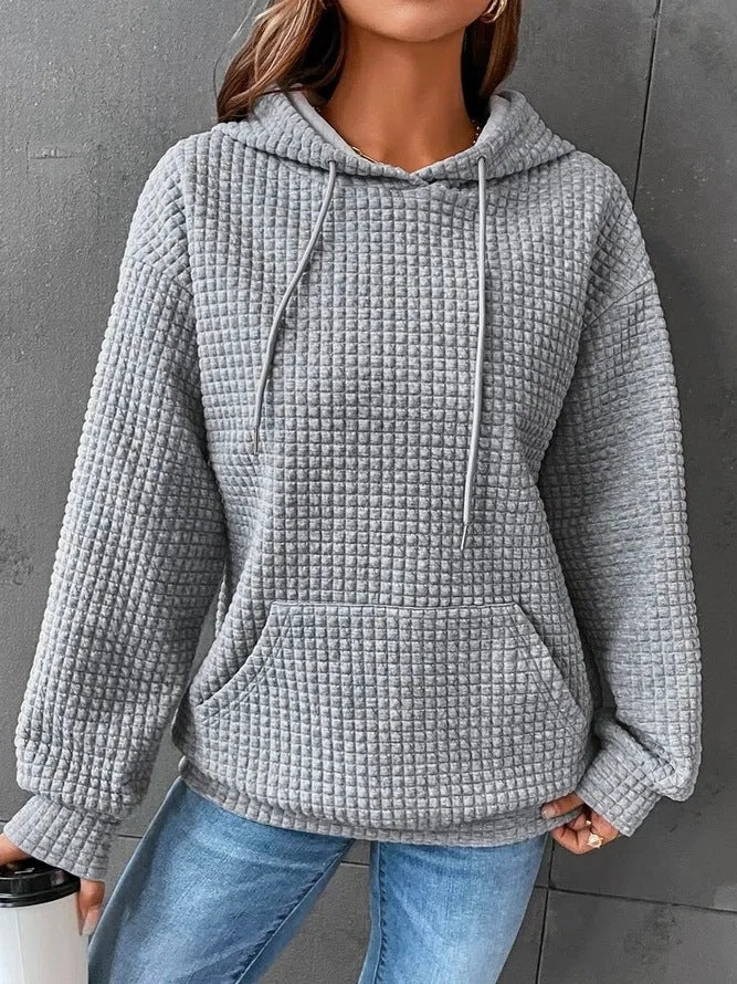Women's Plaid Pocket Long Sleeve Solid Hoodie