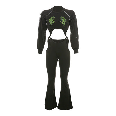Embroidered Long Sleeve High-Waist Jumpsuit