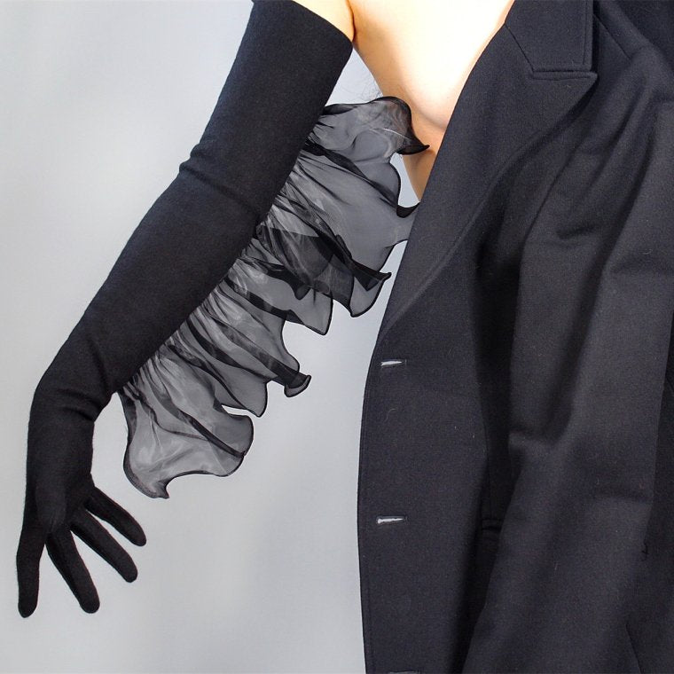 Warm Cashmere Gloves for Women, Long Black Wool, Elastic, One Size