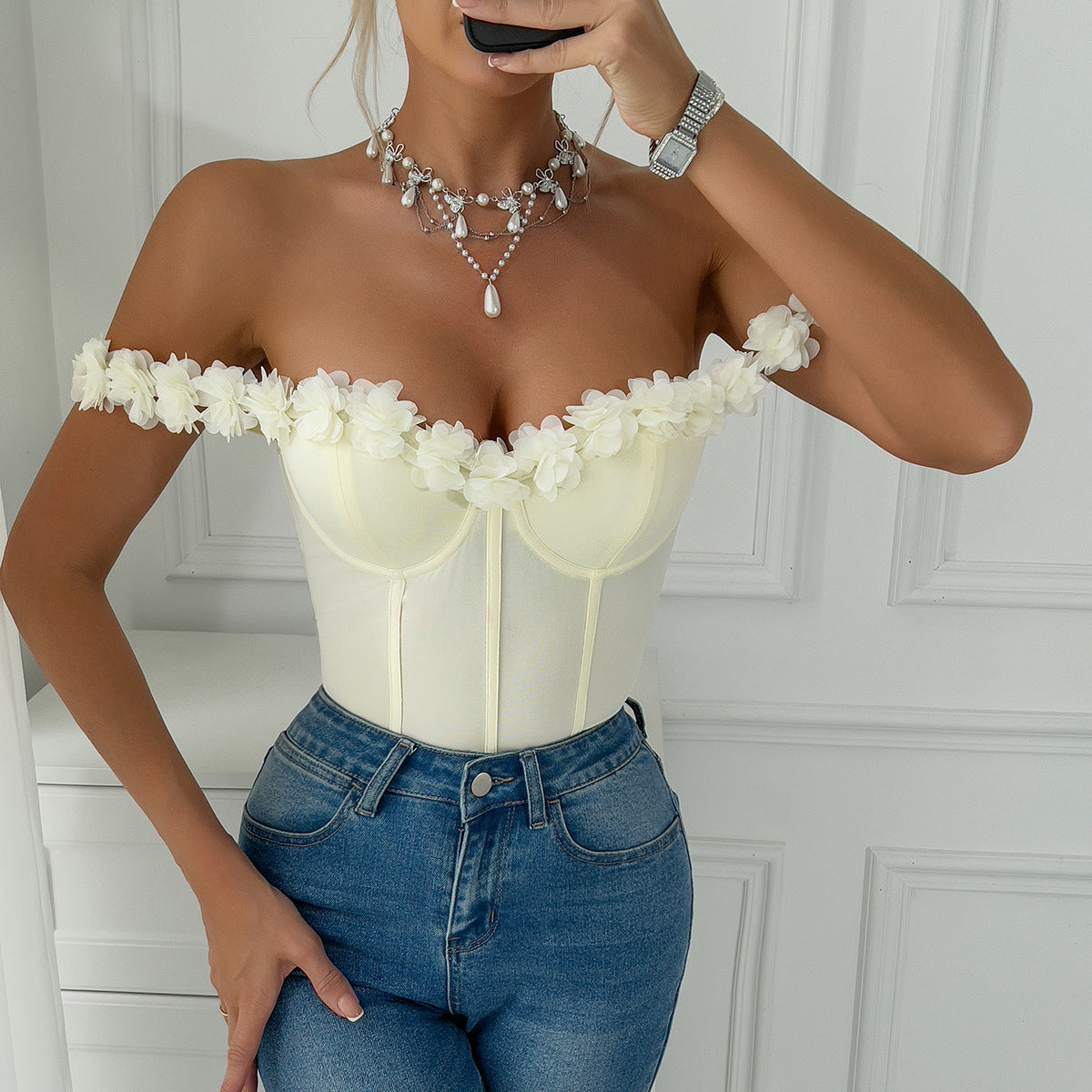 Floral 3D Off-Shoulder Romper Jumpsuit