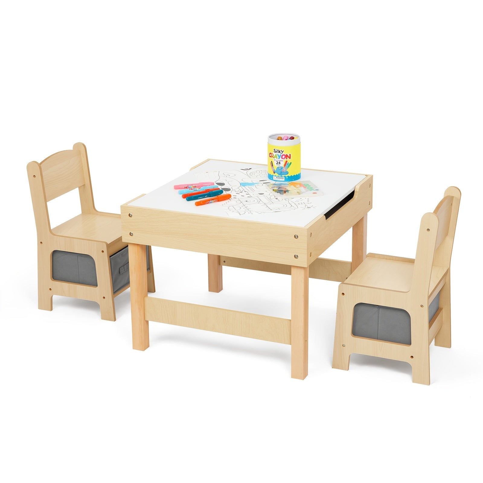 3‑in‑1 Kids Table and Chair Set with Double‑Sided Desktop and Toy Storage, Wood
