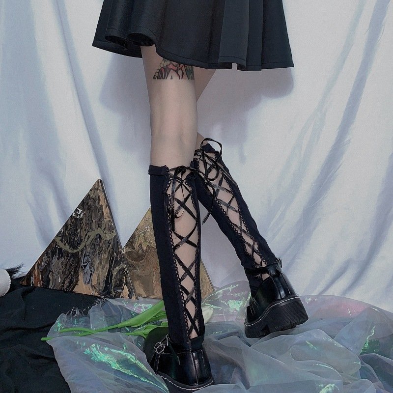 High-Cut Dark Loli Strappy Tube Socks for Women