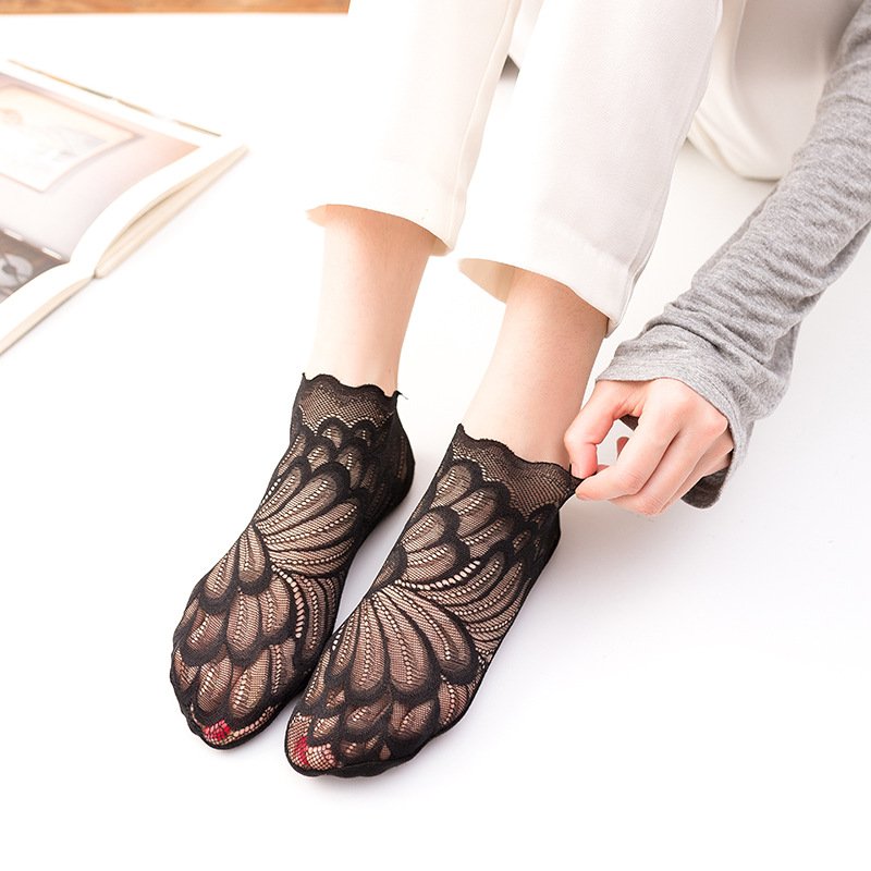 Sexy Peacock Feather Socks for Girls - Non-Slip, Thin, Mid-Calf