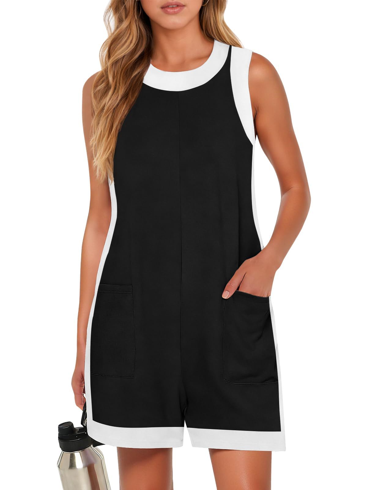 Womens Round-Neck Color-Block Pocketed Vest Jumpsuit With Shorts