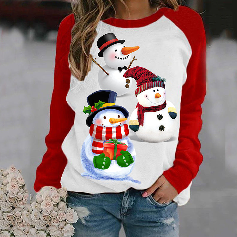 Women's Red Contrast Color Old Printed Long-sleeved T-shirt