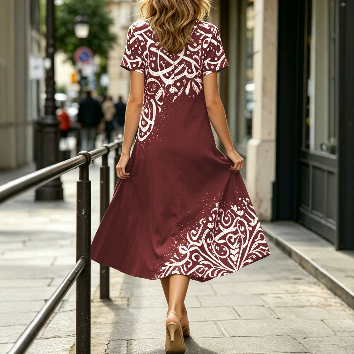 Summer Gradient Ethnic Print Dress Short Sleeve Loose Fit Draping F…