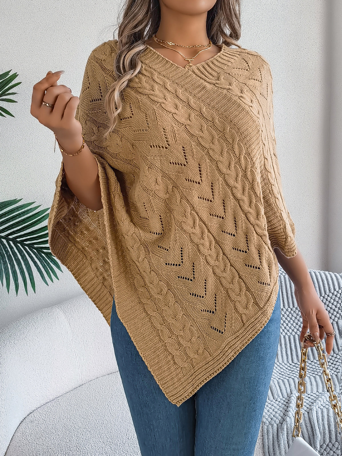 Casual Solid Color Cable Knit Loose Poncho Sweater Coat