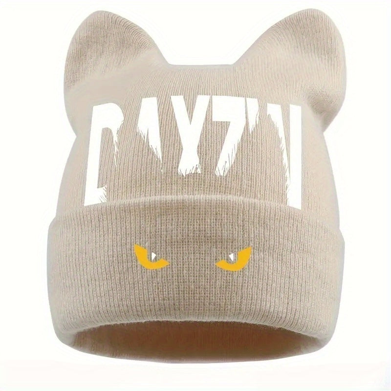 Unisex Warm Windproof Brimless Hat with Monster Eye Print and Bunny Ears, Cold-Weather Outdoor