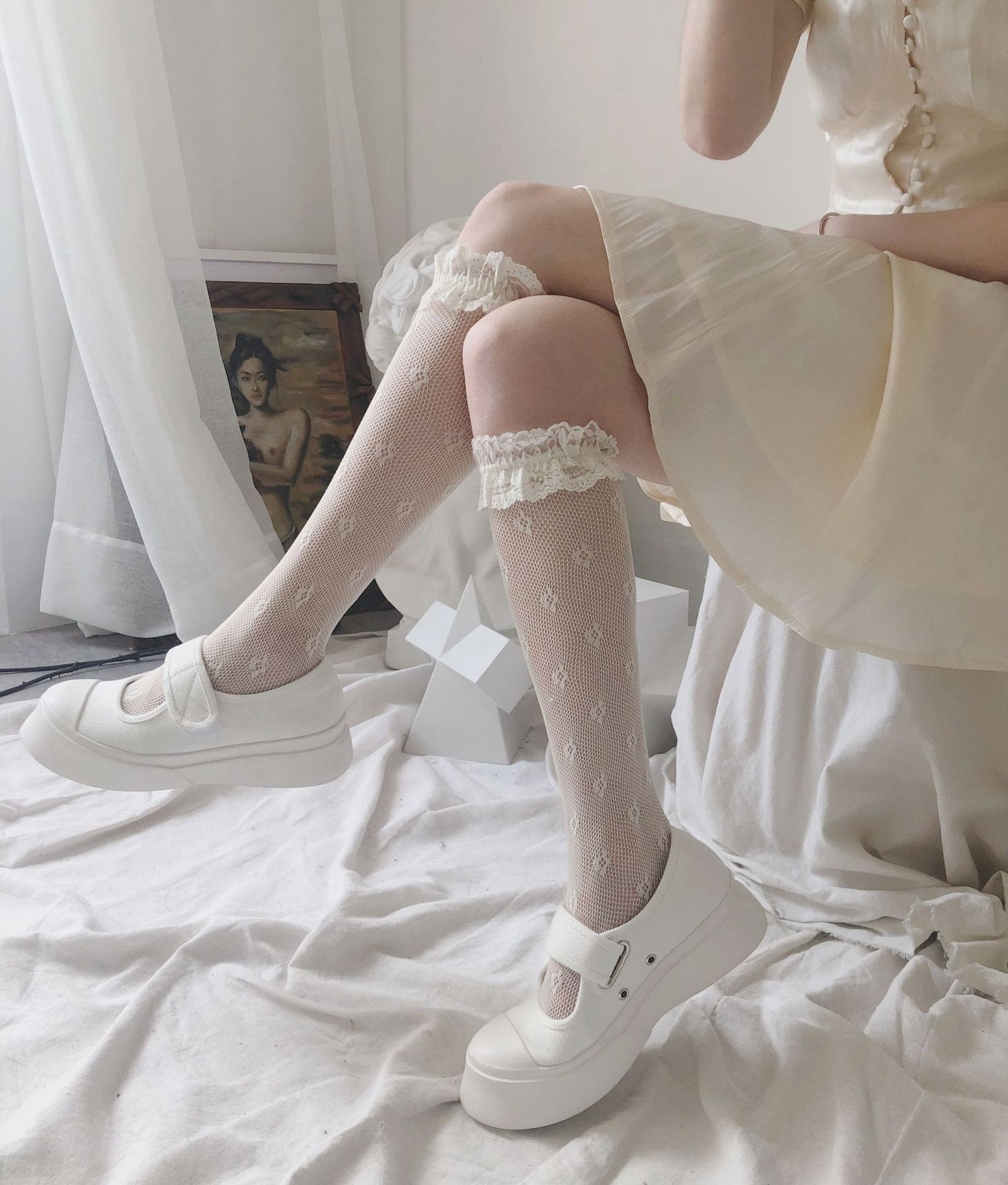 Milky White Lace Socks for Women - Breathable & Anti-Slack