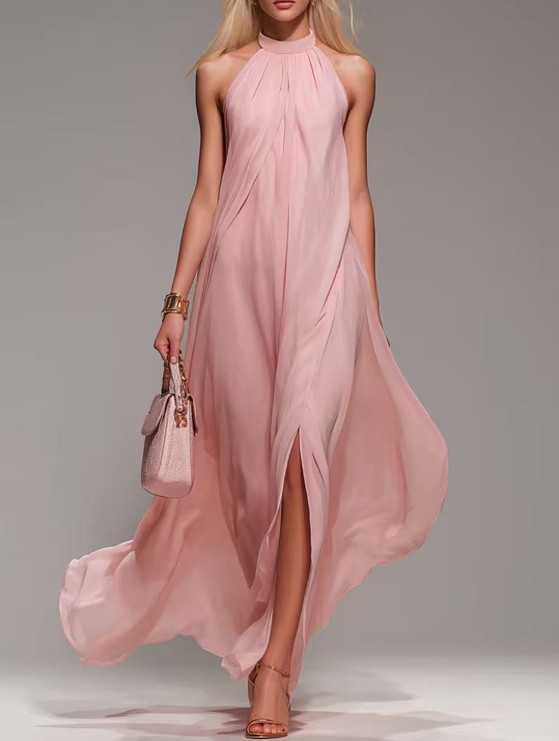 European and Americanstyle Pink Floor-length Dress with a Halter Neck and Open Back, Exuding Feminine Elegance