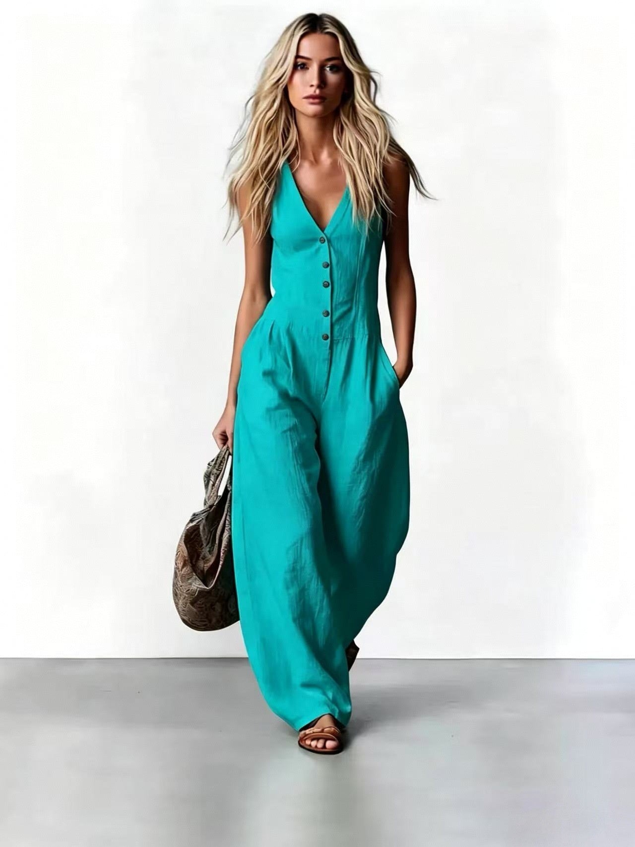 Chic V-Neck Sleeveless Straight-Leg Jumpsuit