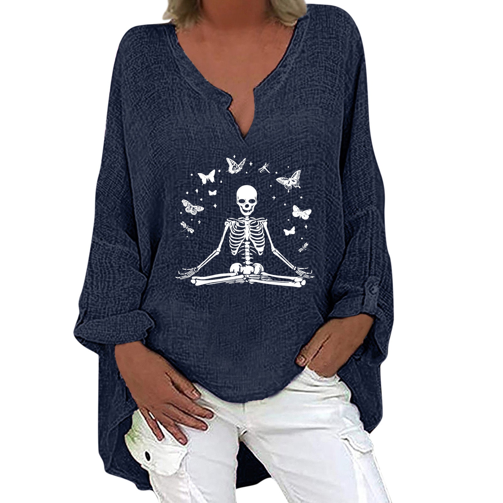 Women's Halloween V-Neck Cotton Linen Long Sleeve Shirt