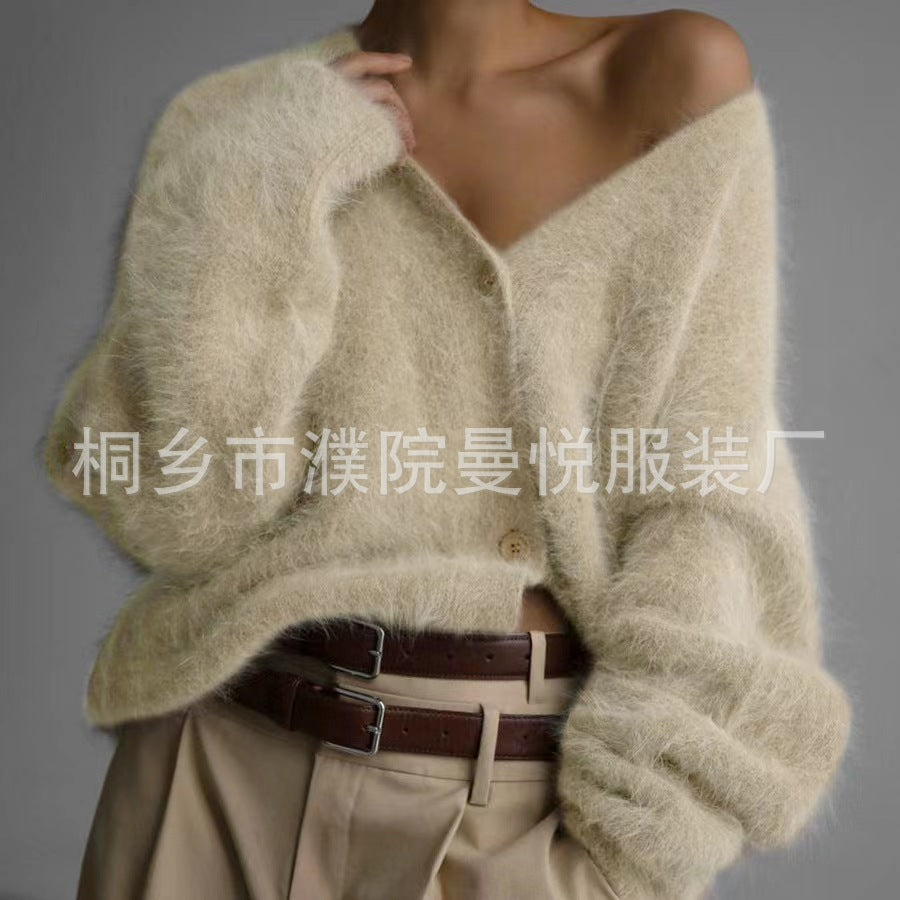 Cross-border Hot Sale Spring And Autumn Imitation Marten Cardigan Women Idle Style Loose Sweater Coat Soft Long-sleeved Sweater Women