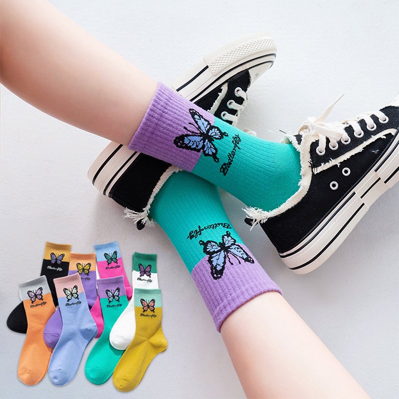 Colorful Butterfly Socks for Women, Breathable Cotton Tube Socks for Autumn & Winter