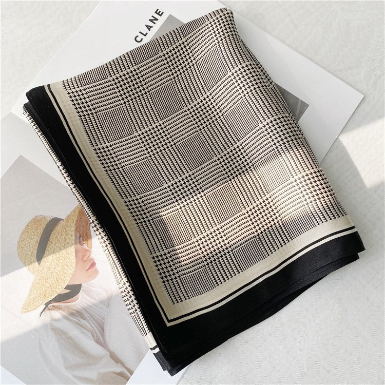 Autumn Chic Houndstooth Silk Scarf Dual-Use Shawl