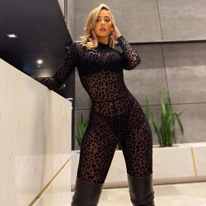 Leopard Flocking Jumpsuit with Zipper Detail