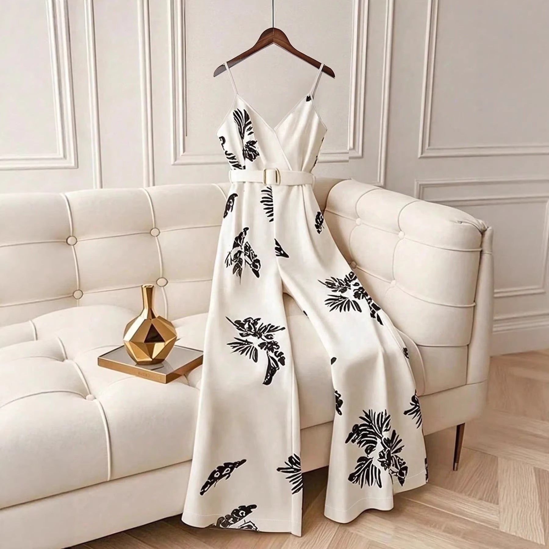 Chic Digital-Print Wide-Leg Jumpsuit with Belt