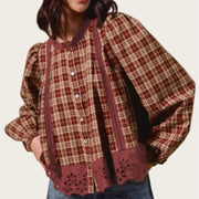 Red Dahlia Check Hollow Lace Edge Button Loose Long Sleeve Shirt
