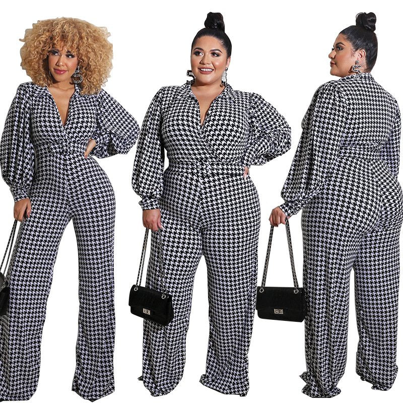 Loose Black White Printed Jumpsuit for Women