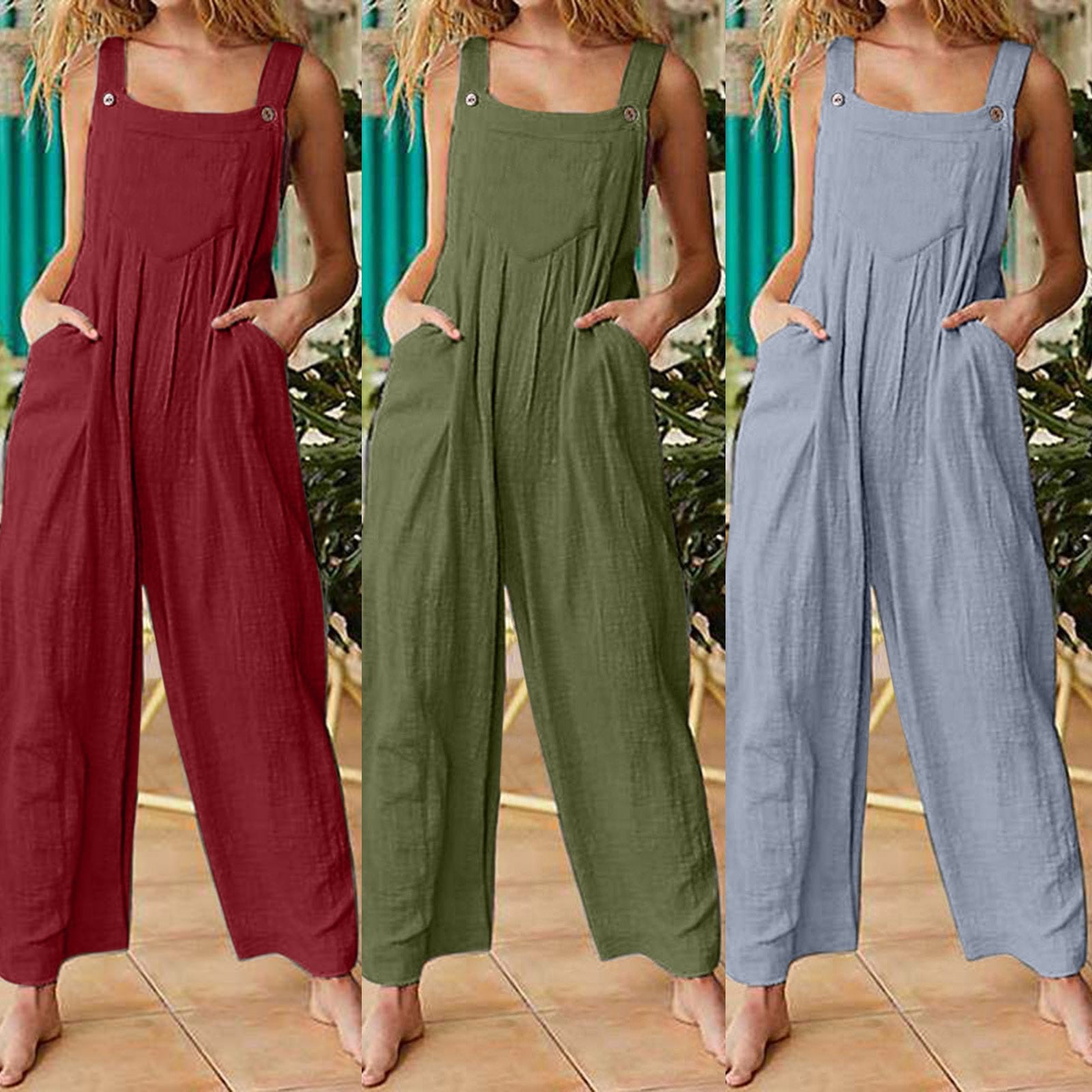 Loose Fit Overalls for Women - Red, Gray, Green