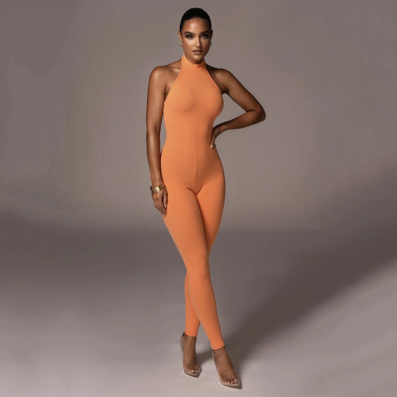 Solid Color Sleeveless Halterneck Jumpsuit for Women