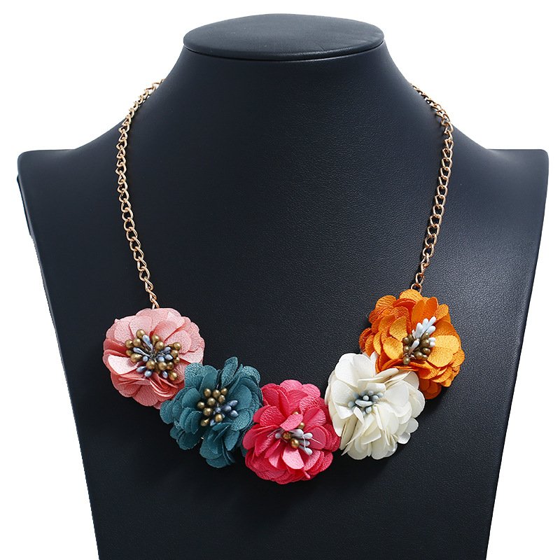 Yellow, Blue, Rose Red, Beige Fabric Flower Necklace