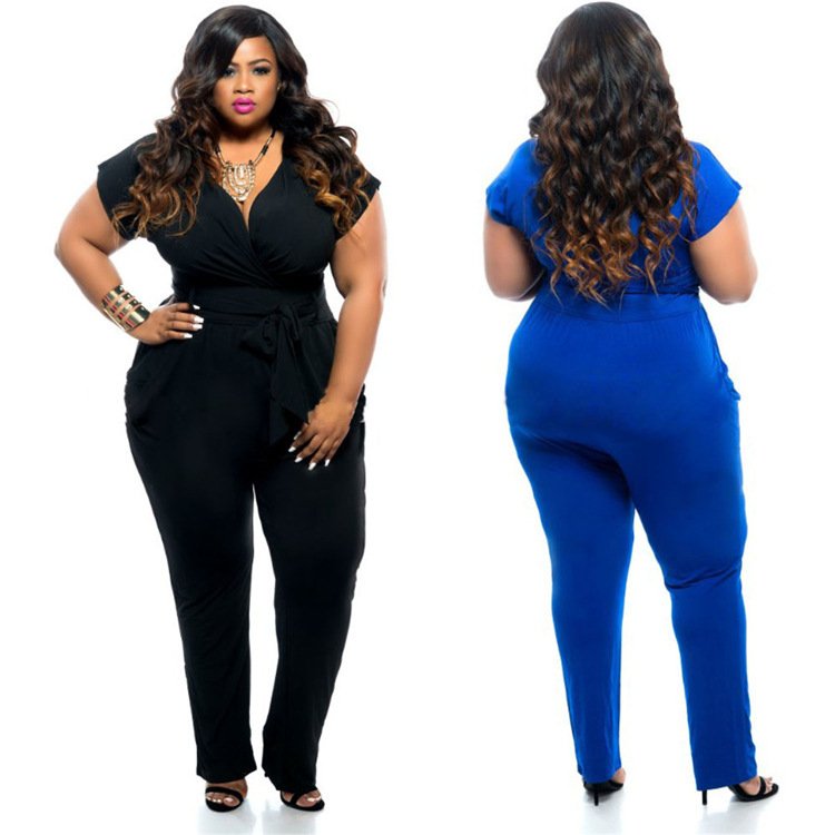 Sexy Plus Size V-neck Summer Stretch Jumpsuit for Women