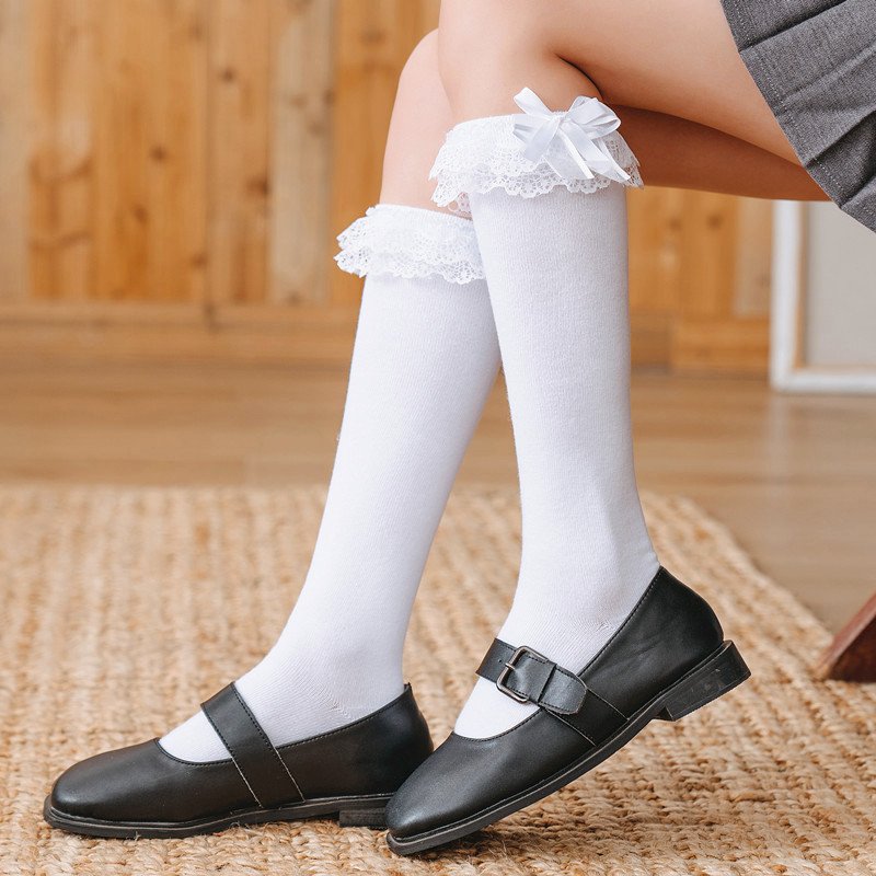 Mid-Length Calf Socks for Women - White Lace Design