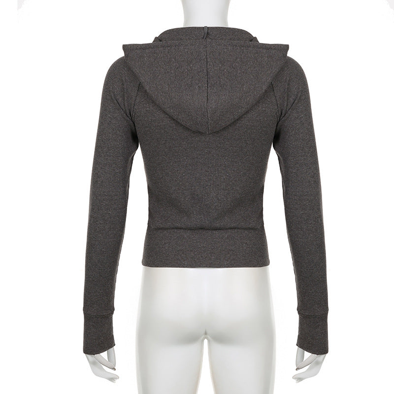 Women's Gray Ribbed Hooded Zip-Up Short Cardigan Sweater