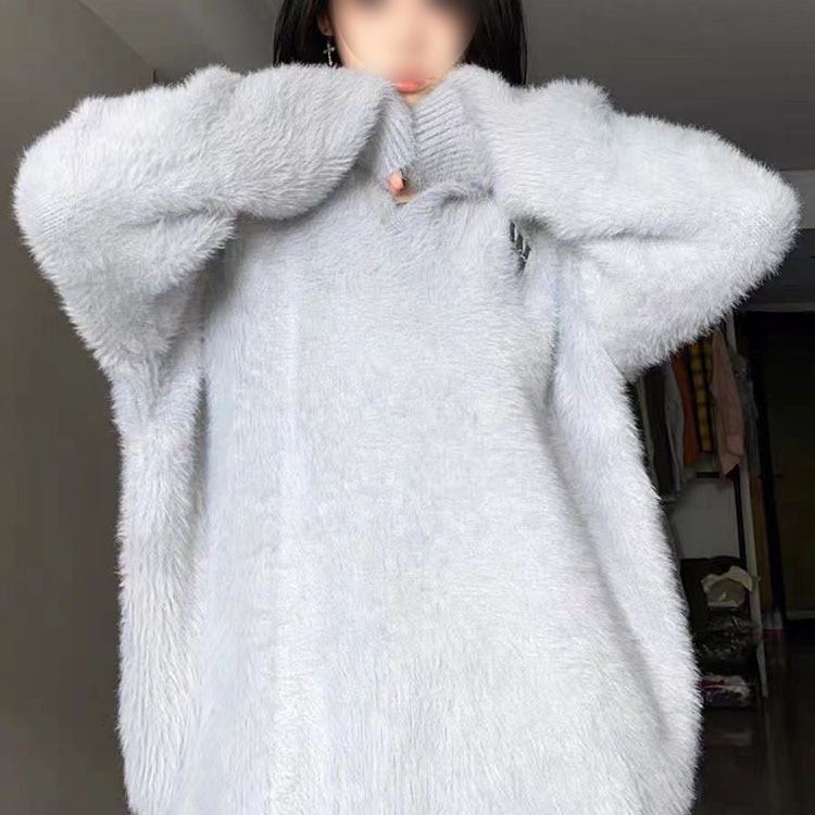 Cozy Imitation Mink Velvet Polo Collar Knit Sweater