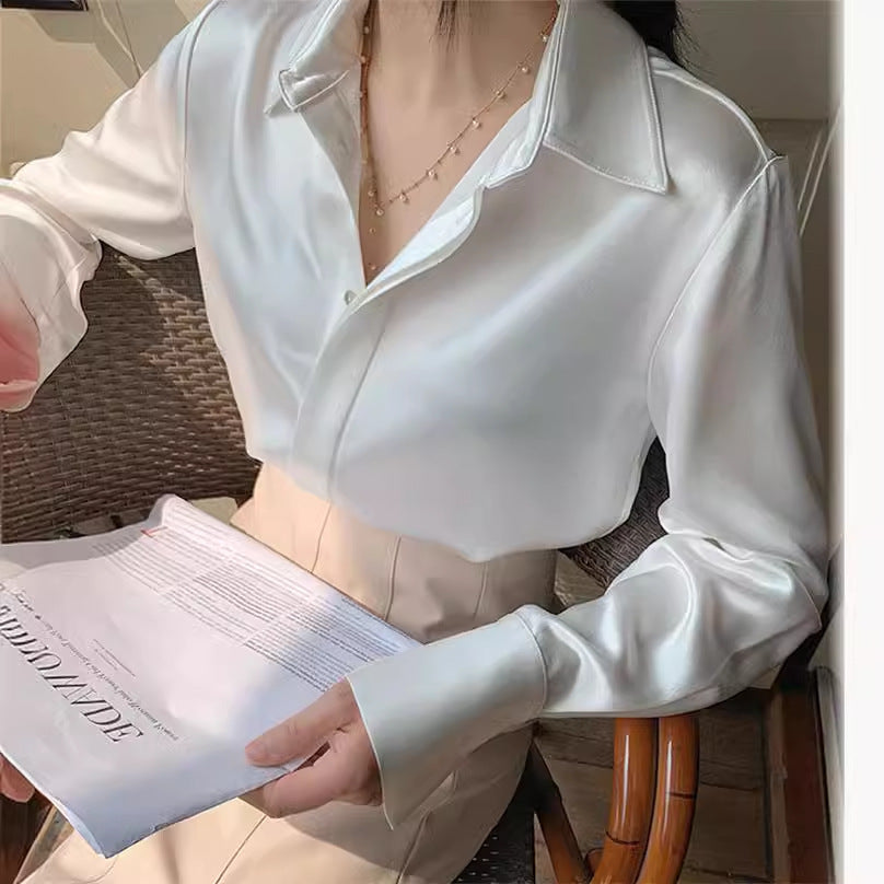 Women's Satin New Design Sense V-neck Silk Acetate White Shirt