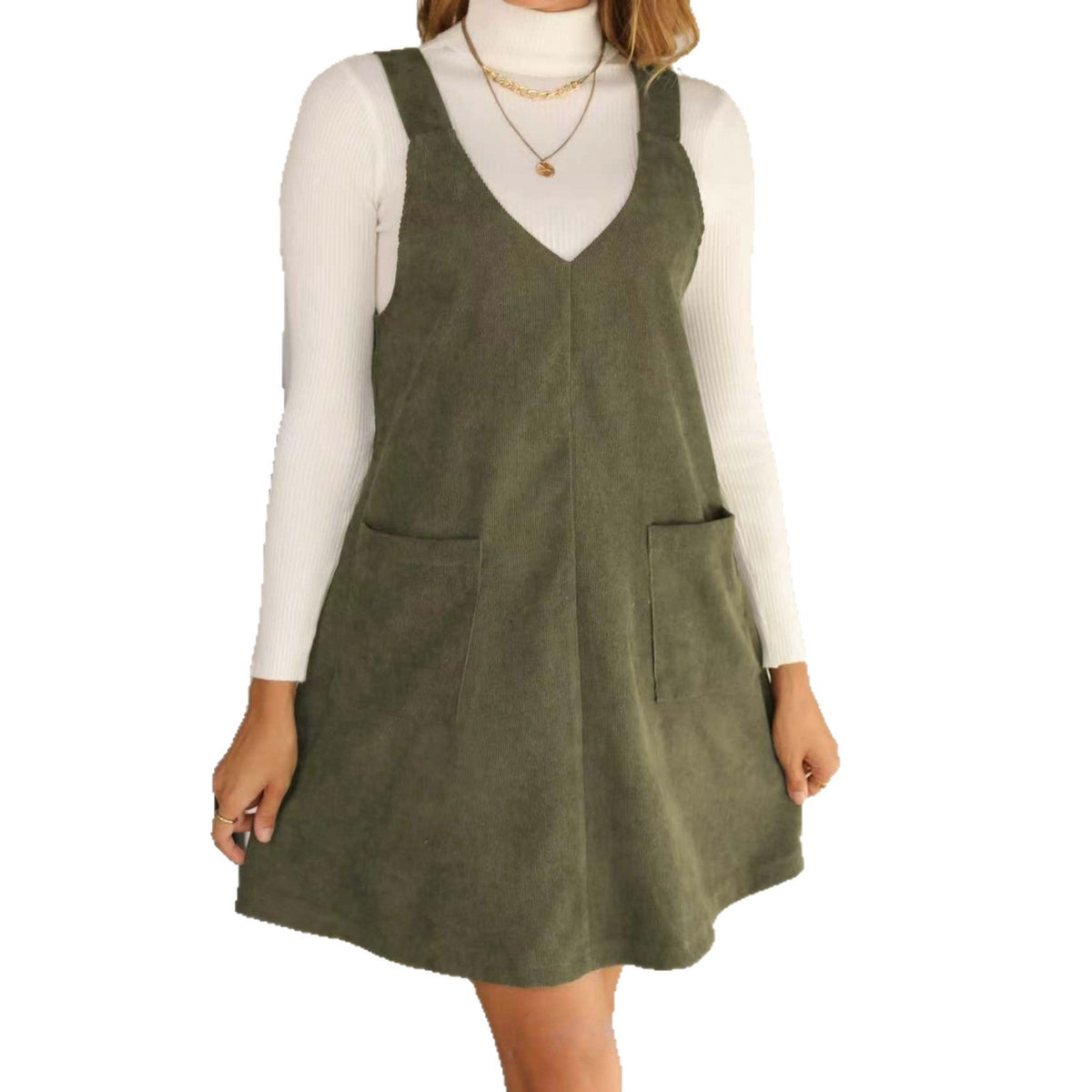 Trendy V-Neck Solid Corduroy Suspender Dress