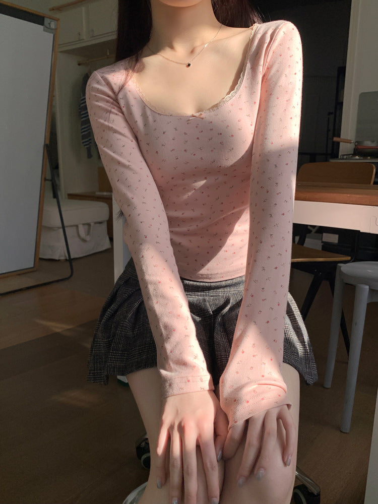 Floral Lace Long Sleeve Slim Crop Top