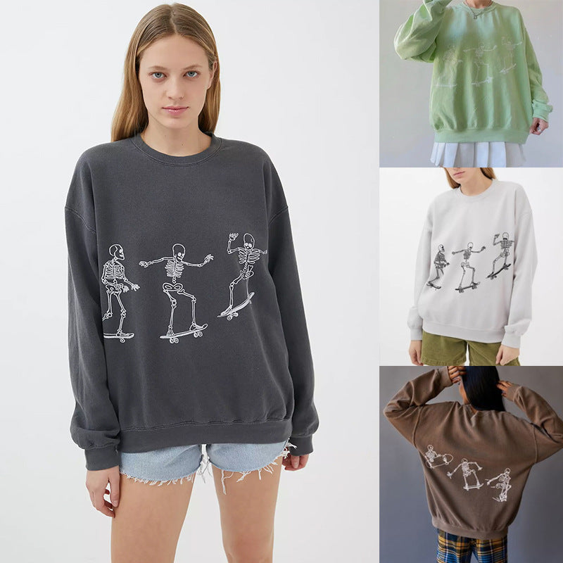 Women's Skull Skateboard Graphic Loose Long Sleeve Sweatshirt