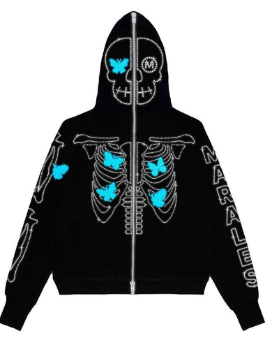 Unisex Printed Rhinestone Zip-Up Hooded Cardigan