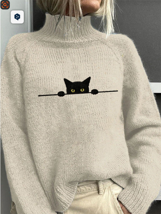 Womens Color-block Printed Autumnwinter High-neck Long-sleeve Top for Independent Stores