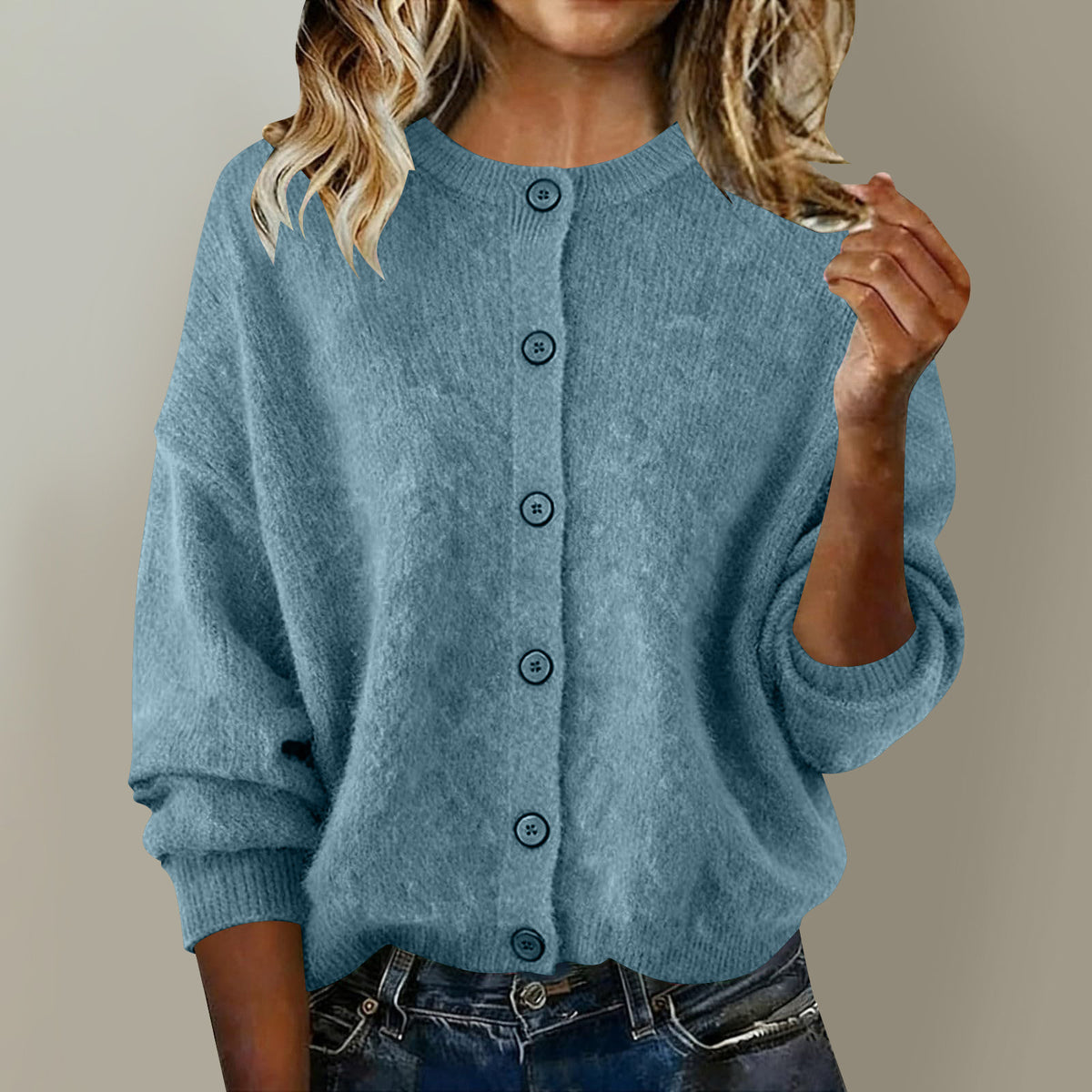 Solid-color Casual Chic Round-neck Long-sleeve Knit Cardigan
