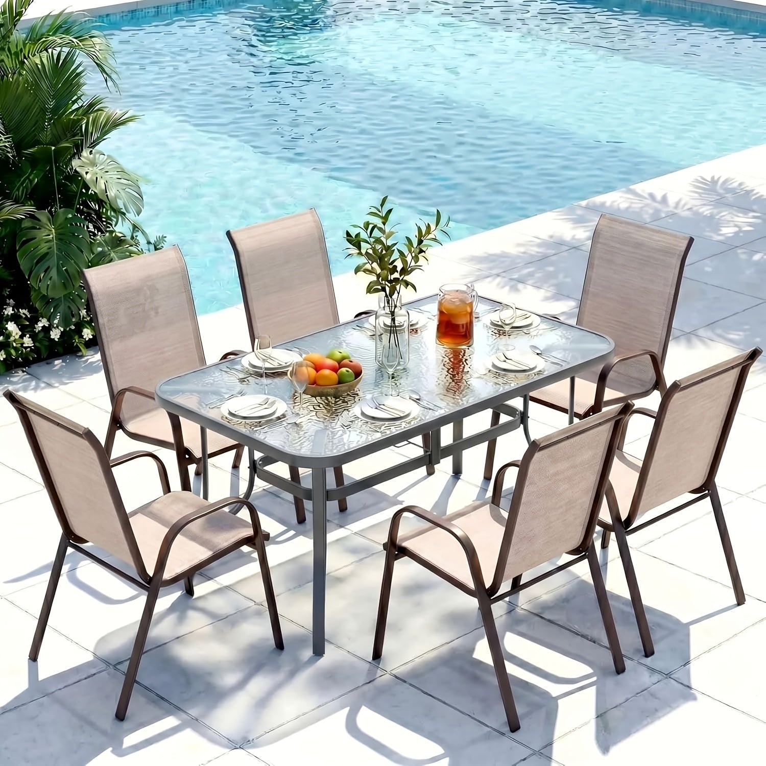 [All Weather Patio Set] Patio Dining Set for 6, Outdoor Table And Chairs W/ 1.69" Umbrella Hole, 30" X 55" Table And Stackable Textilene Chair, All Weather Patio Furniture Set (Umbrella Not Included)