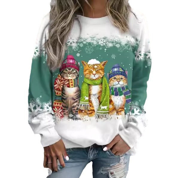 Festive Christmas Snowman & Cat Long Sleeve Casual T-Shirt