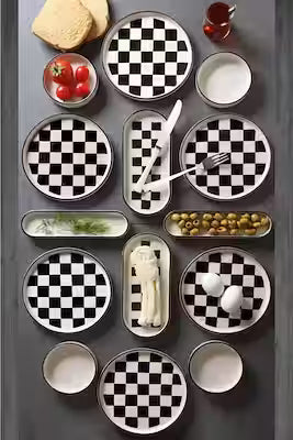 14-piece geometric breakfast set with checker pattern for 6 people
