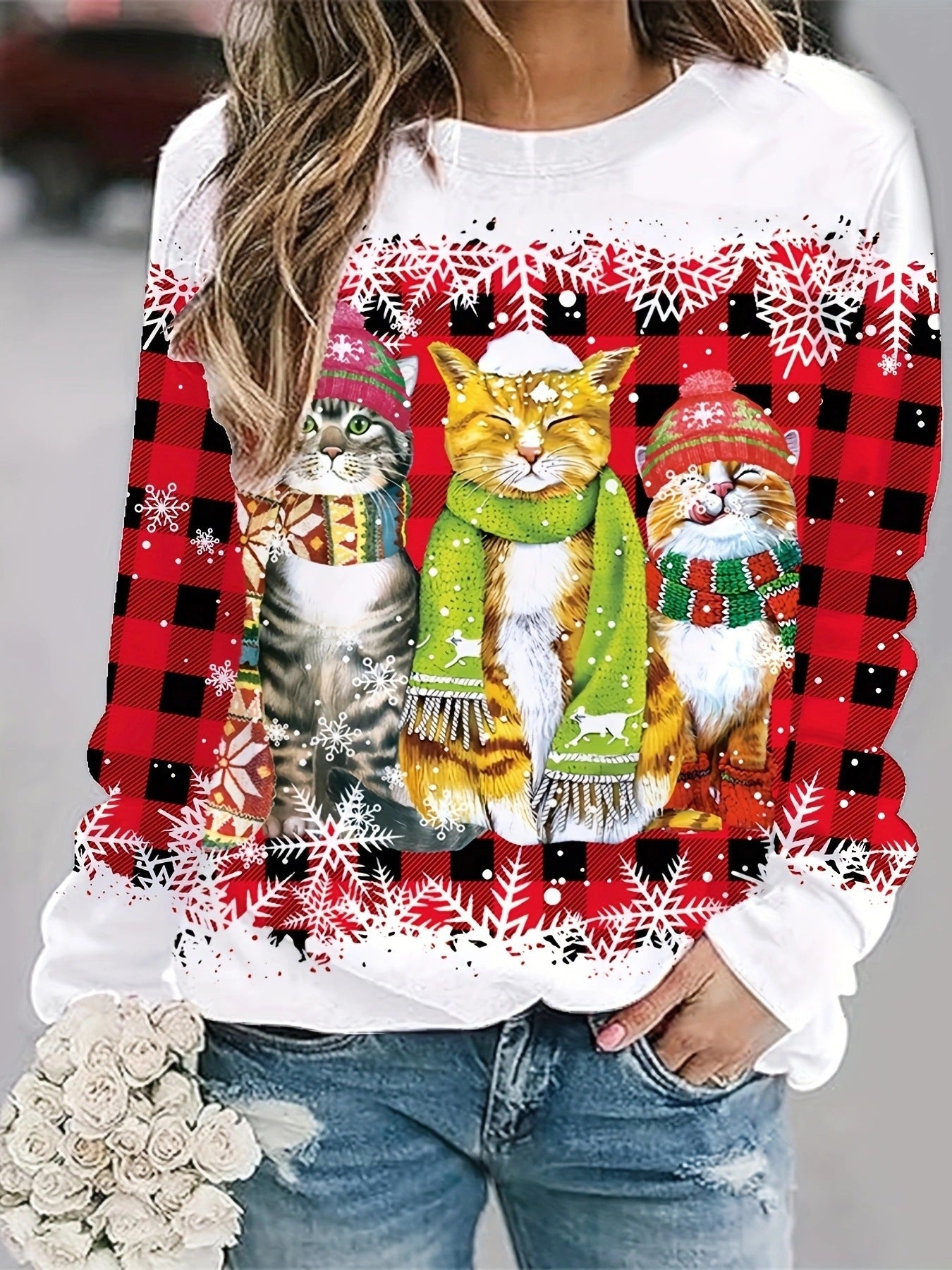 Festive Christmas Cat Print Crew Neck Pullover Sweatshirt