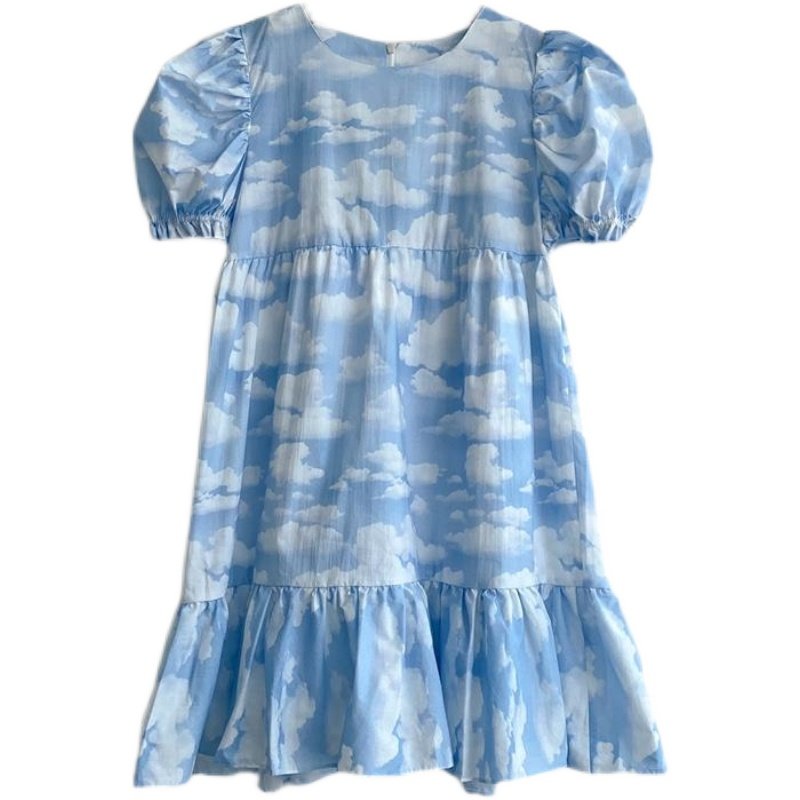 Blue Sky Cloud Print Women's Puff Sleeve Dress