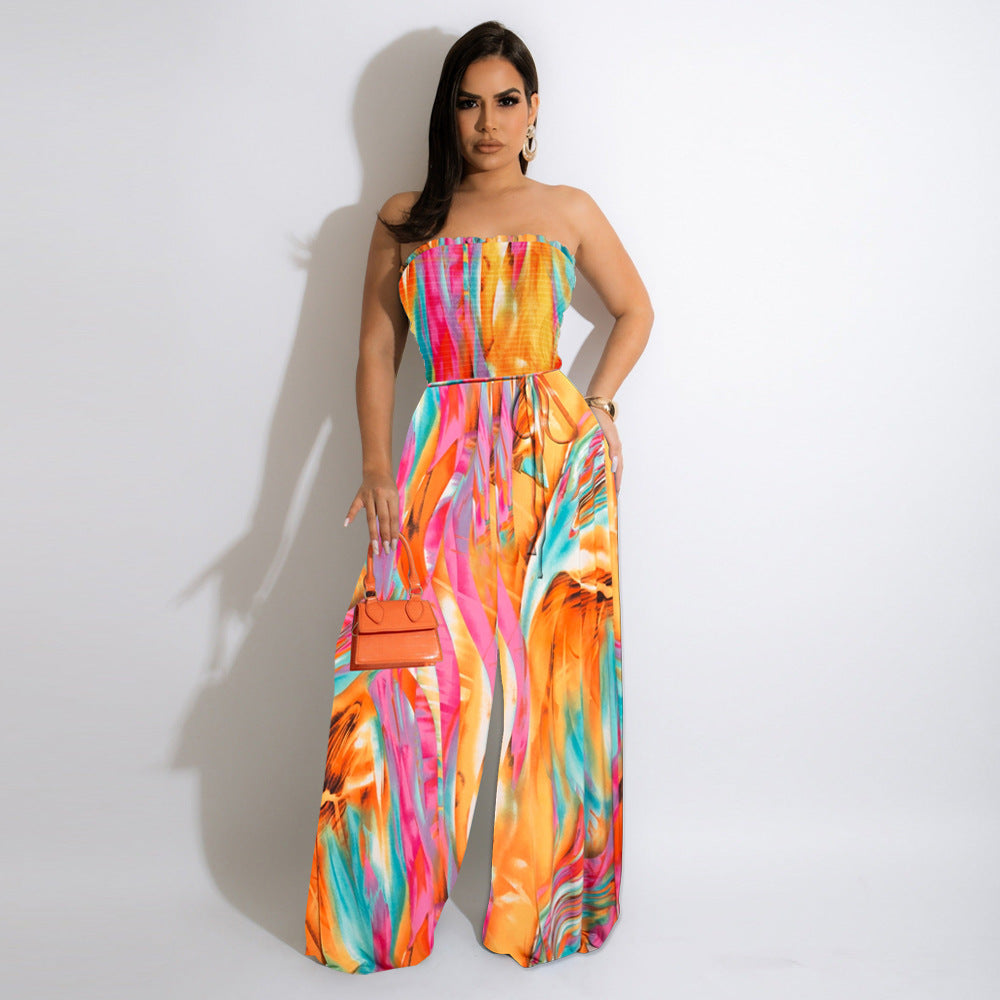 Floral Print Halter Chiffon Wide-Leg Jumpsuit
