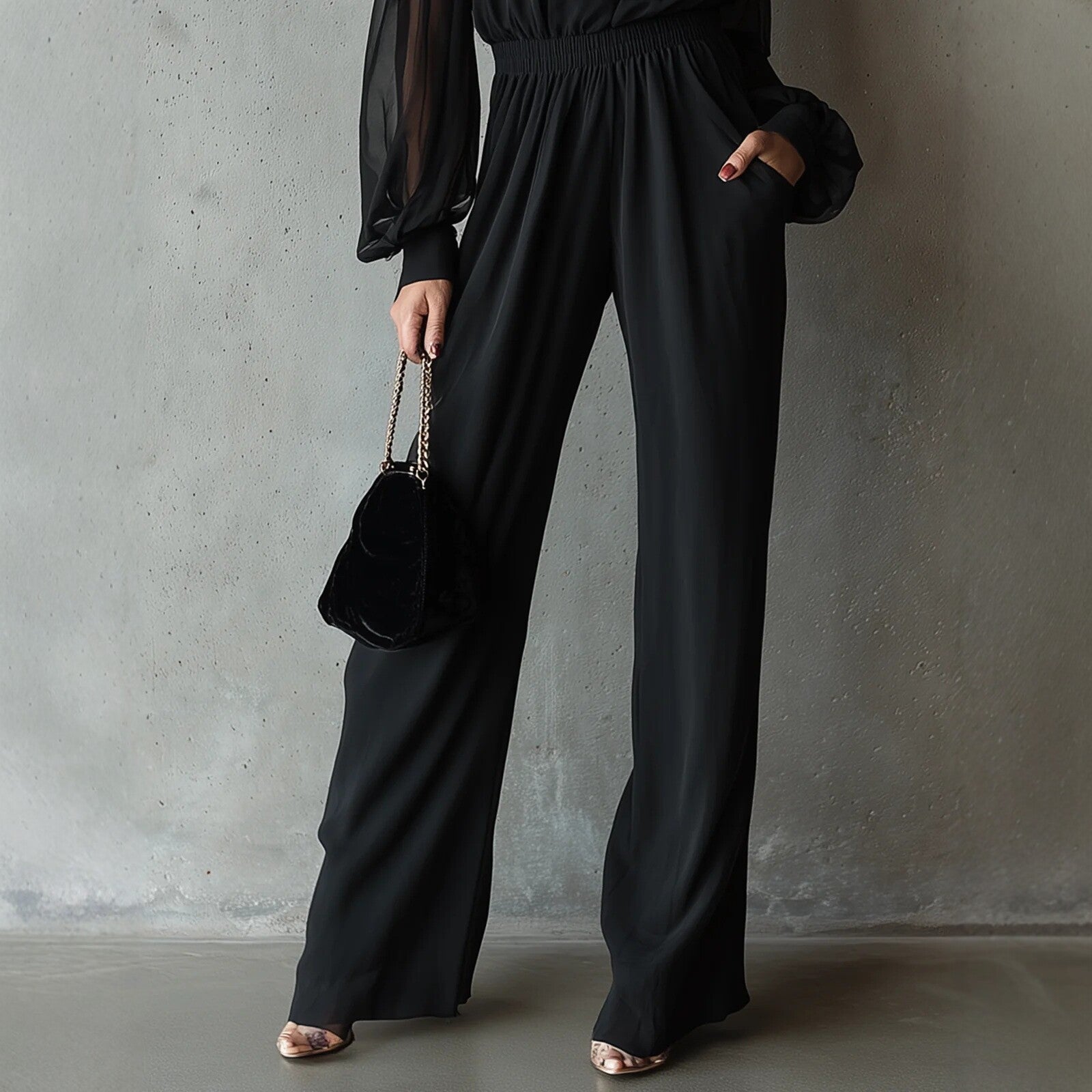 Black Embroidered Womens Long-Sleeve Wide-Leg Jumpsuit